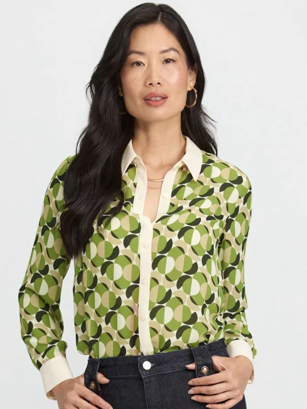 Laura Geometric Green Button-Down Shirt with Cream Trim